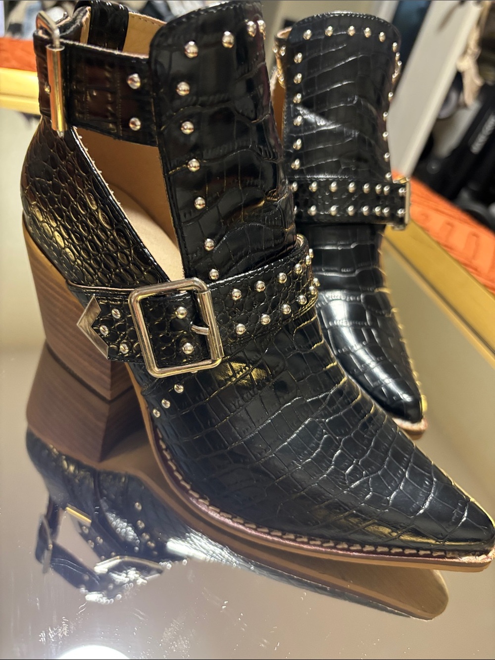 Black Croc-Embossed Studded Pointed Ankle Boots
